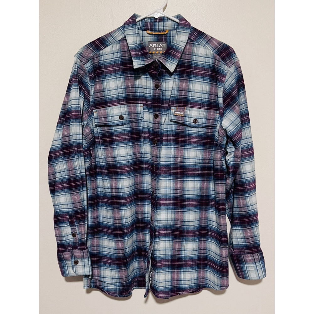 Ariat Rebar Flannel Work Shirt Women’s XL Blue Plaid Logo DuraStretch Button Up